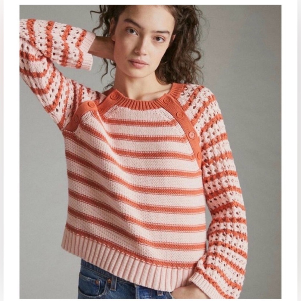 Maeve Anthropologie Sweater M Eva Cotton Crochet Knit Long Sleeve Crew Pullover